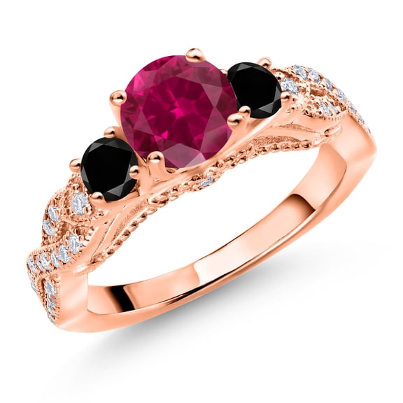 Gem Stone King 18K Rose Gold Plated Silver Red Created Ruby Black Diamond and White Moissanite Engagement Ring for Women (1.47 Cttw, Gemstone July Birthstone, Round 6MM and 3MM, Size 9)