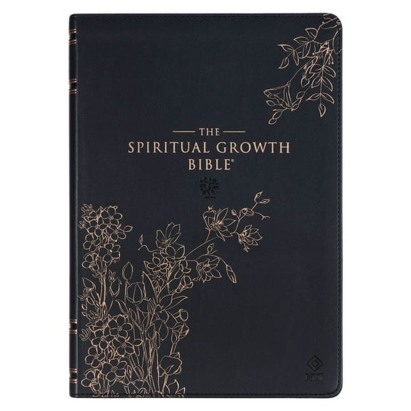 The Spiritual Growth Bible, Study Bible, NLT - New Living Translation Holy Bible, Faux Leather, Black Rose Gold Debossed Floral