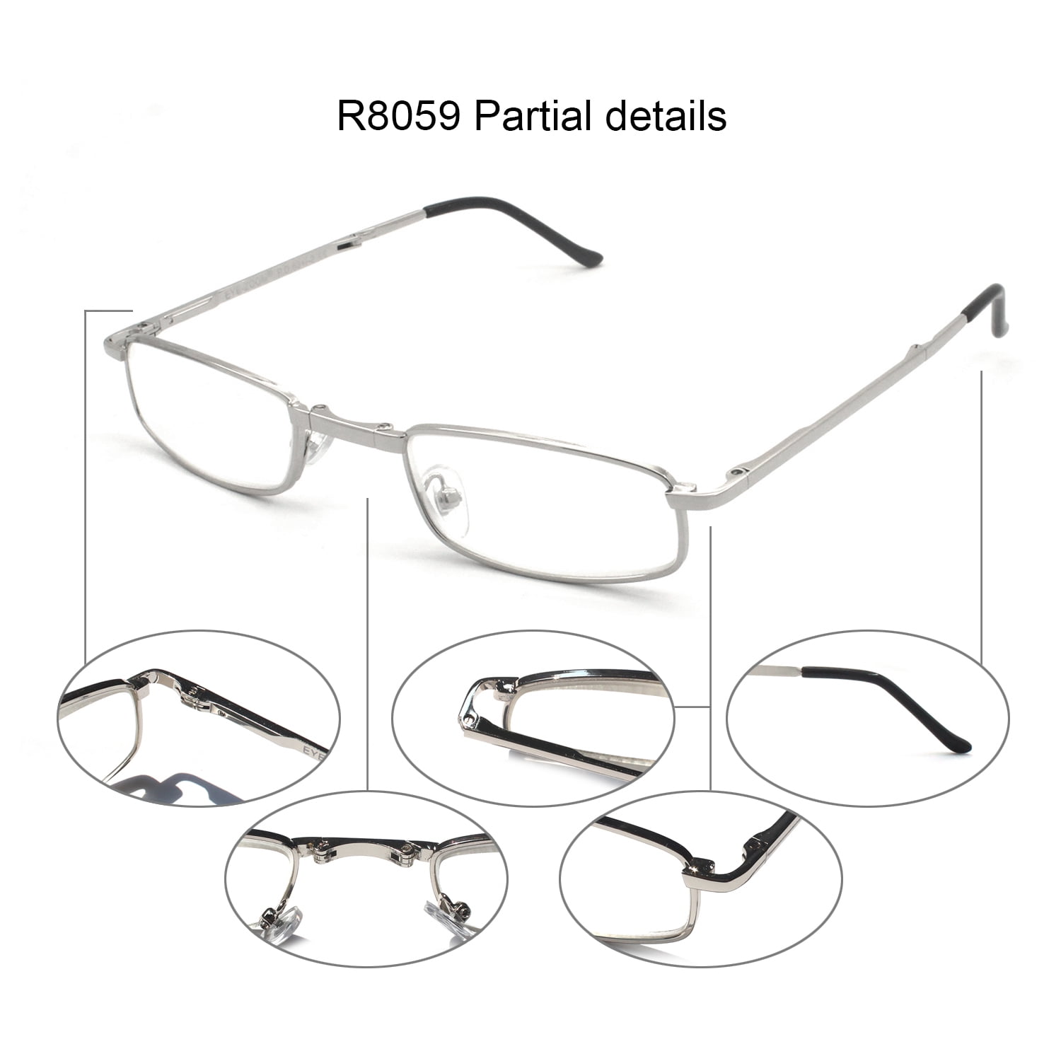EYE ZOOM 5 Pairs Compact Rectangular Metal Folding Reading Glasses with Case, Silver, +2.00 Strength