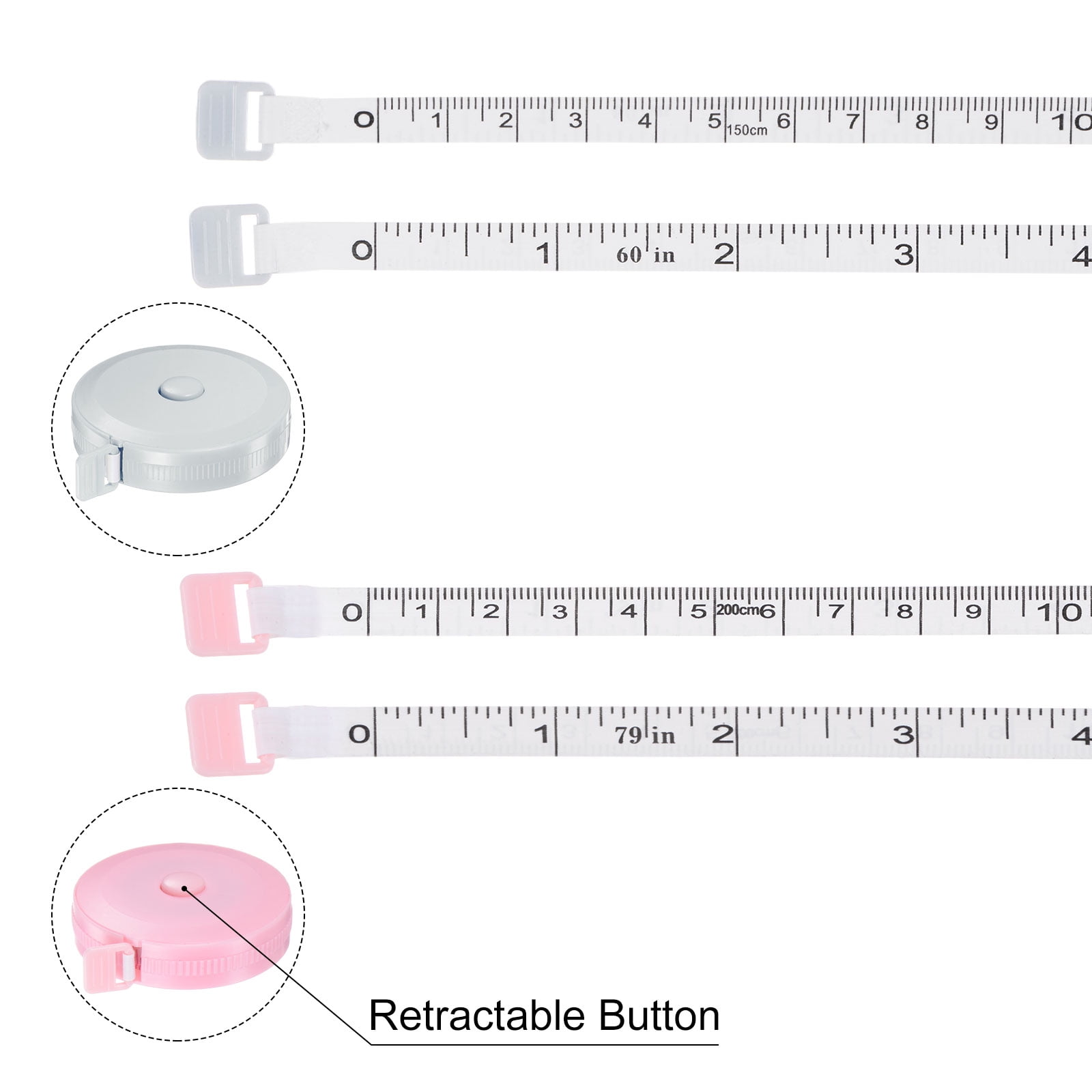 Uxcell 3pcs 150cm and 200cm Soft Retractable Measuring Tape with 150cm  Multicolor Soft Ruler White Nordic Pink