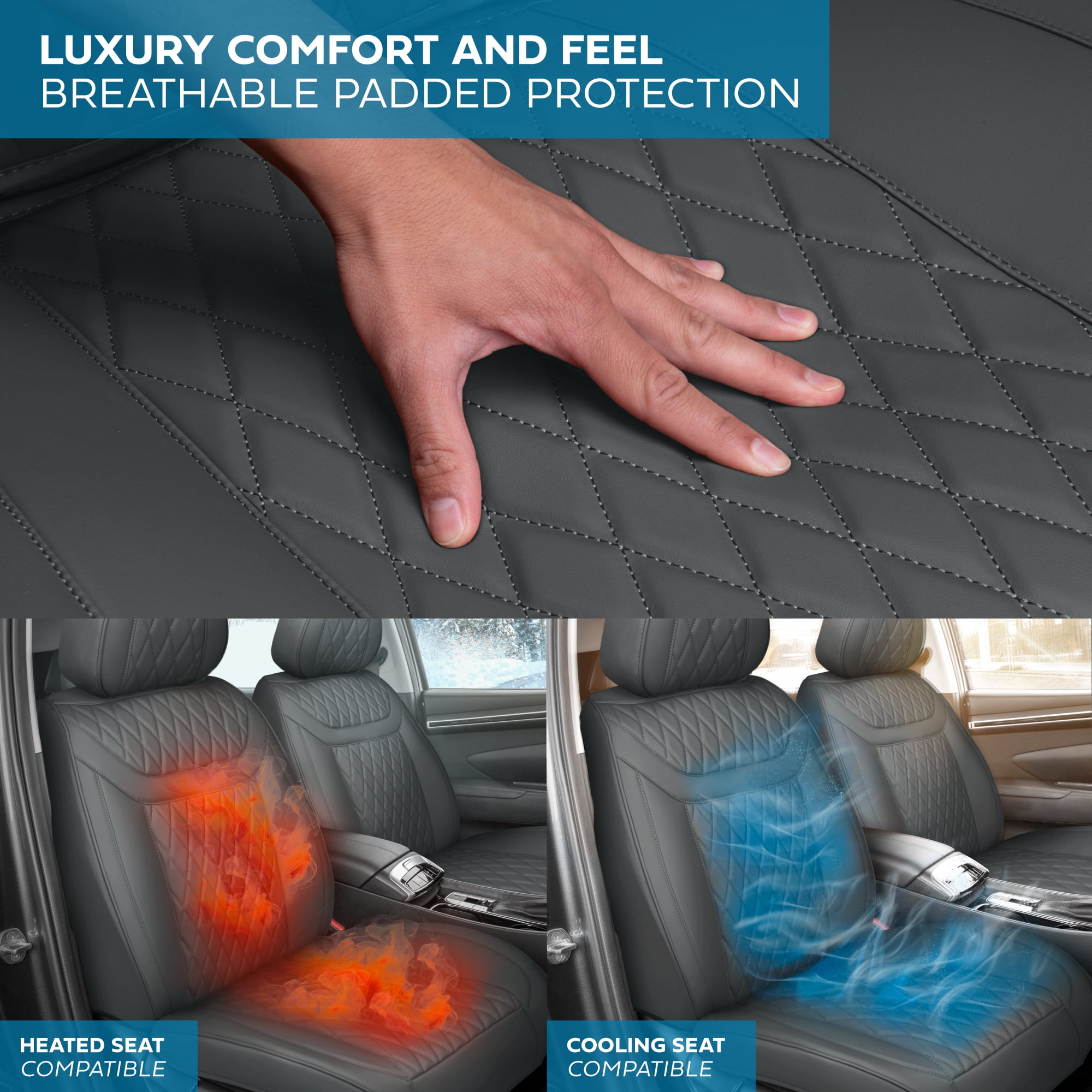 MotorBox Car Seat Covers - Ranch Leatherette Faux Leather Charcoal Seat Covers for Car - Diamond Stitched Cushioned Interior Protectors for Automotive Accessories Trucks, SUV, Cars - Two Front Covers