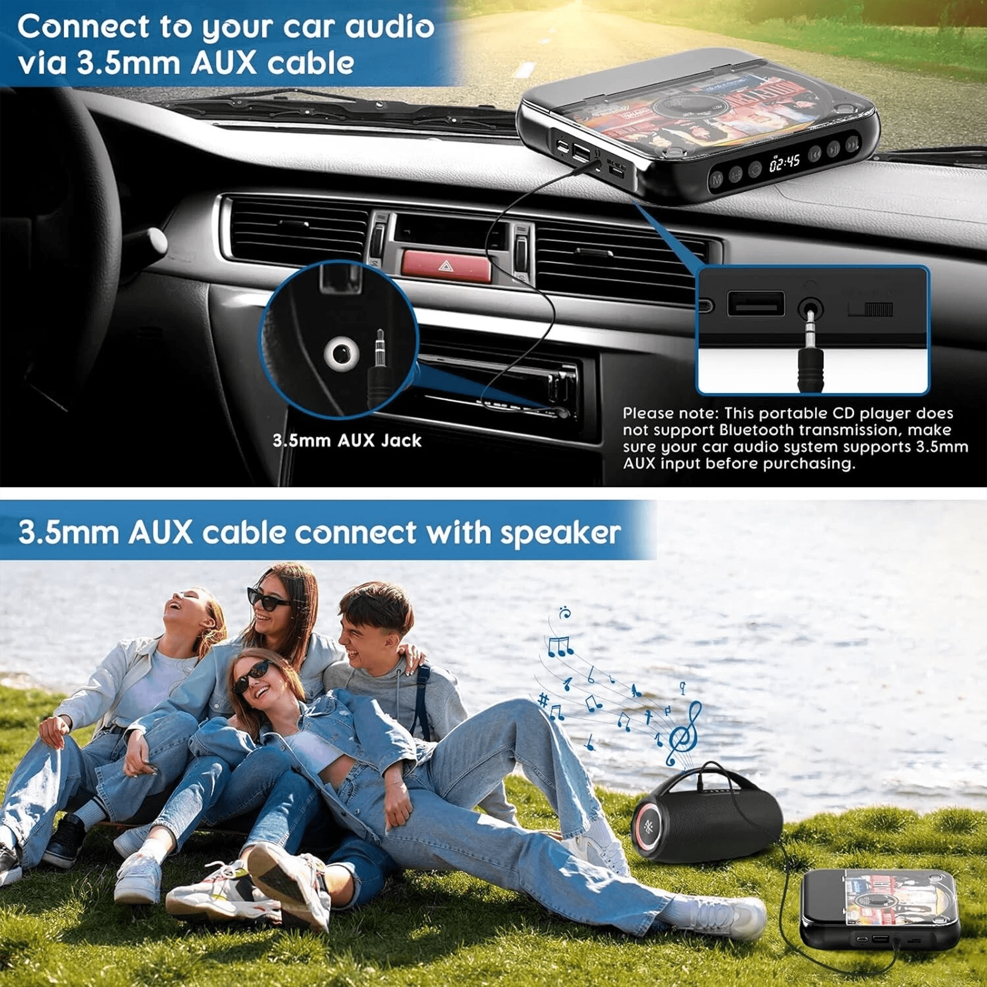 Portable Bluetooth LCD Screen Display CD Player, Plays MP3 & CD-R/RW for Car & Travel, Black