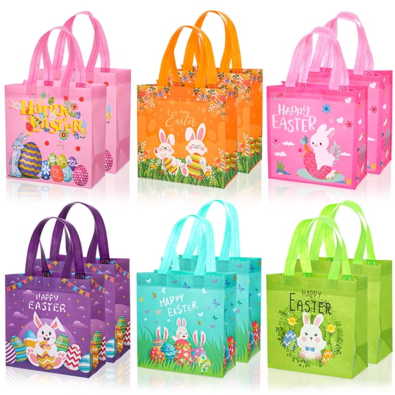 sixwipe 12 Pack Easter Gift Bags with Handles, 8.6×4.3×9 Inch Reusable Non-Woven Tote Bags for Easter Egg Hunt, Treats & Basket Alternatives