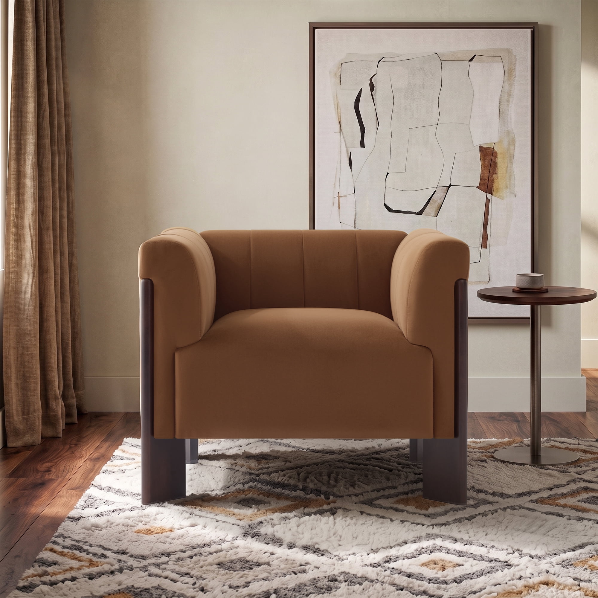 Leumius Modern Accent Chair, Velvet Single Sofa Chair with Tight Back, Round Arms, Vertical Channel Tufted Back and Walnut Rubber Wood Legs for Living Room, Bedroom or Reading Corner, Brown