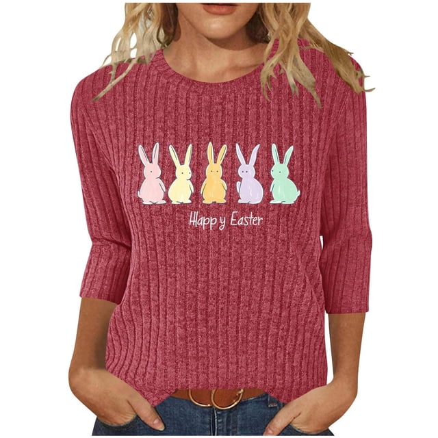 Camiseta de Cuello Redondo Impresa Casual de Manga 3/4 de Mujer Y Blusas, Tops de Moda de Otoño E Invierno