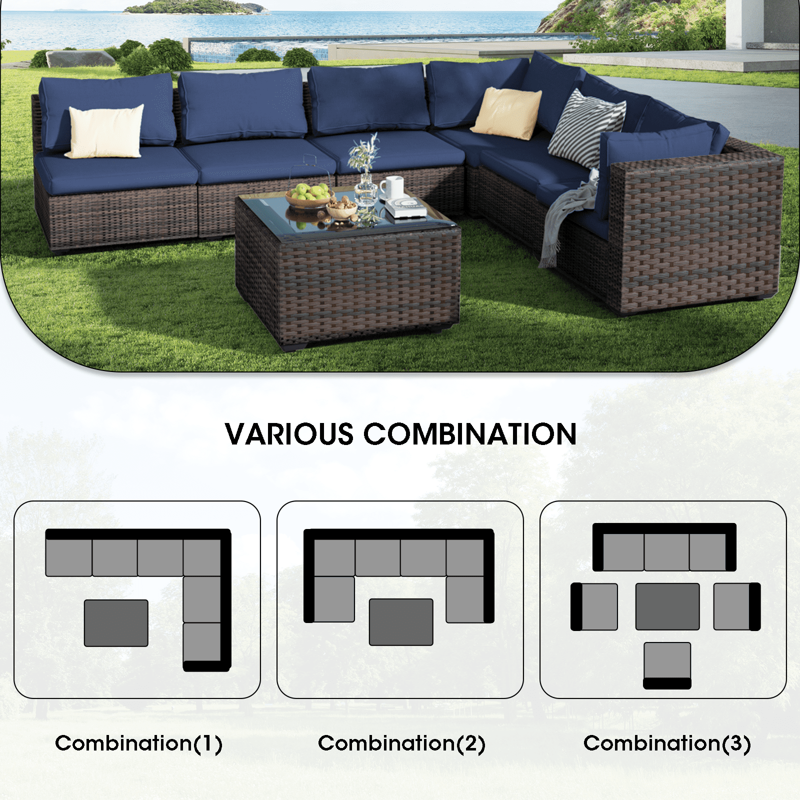 Grezone 7 Patio Outdoor Furniture Wicker Sectional Sofa Couch Lawn Sectional, Blue