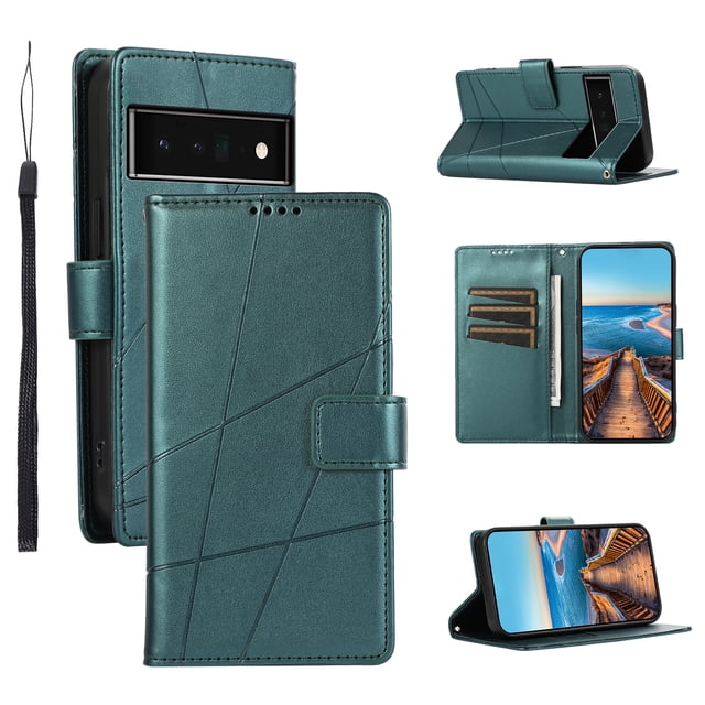 Google Pixel 6 Pro Case ,Vintage PU Leather Flip Cover Card Slots Magnetic Kickstand Hand Strap Case for Google Pixel 6 Pro