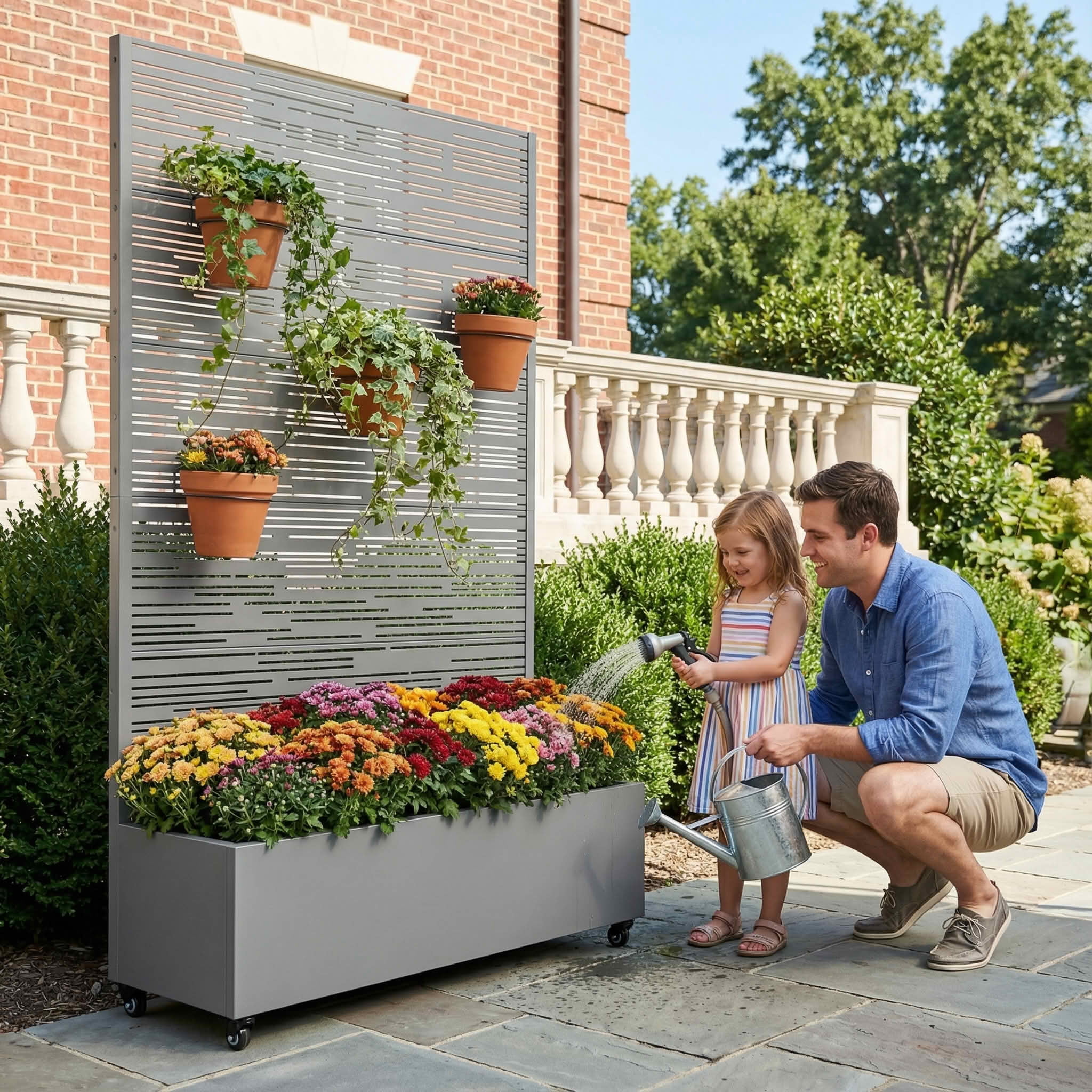 MAYEERTY 72X47" Metal Outdoor Gray Privacy Screen with Planter Box for Backyard & Garden, 5 Piece Set