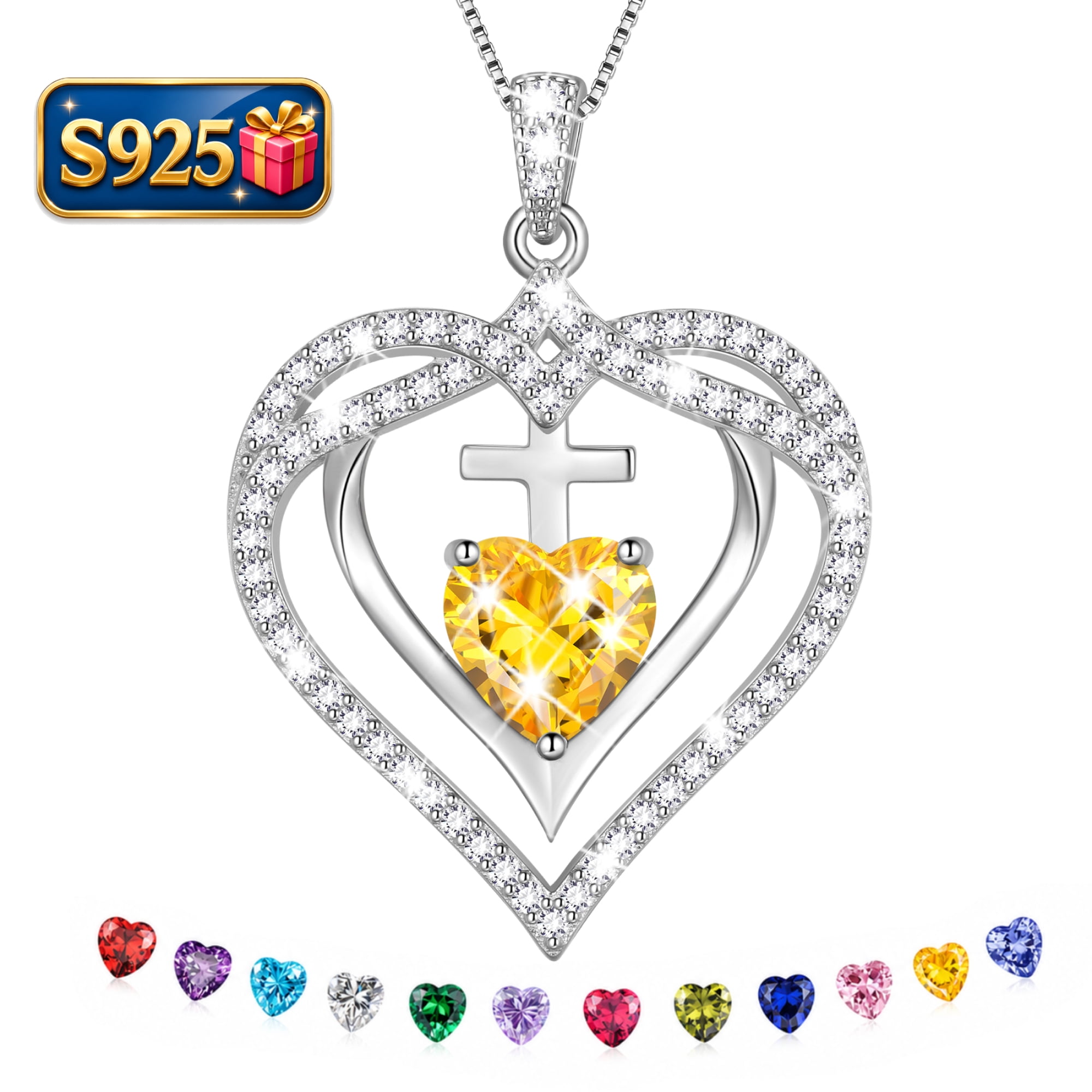 Beautlace 925 Sterling Silver Cross Necklace,November Birthstone Heart Pendant Necklace Jewelry Birthday Christmas Mothers Day Gifts for Women Mom