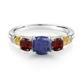 thumbnail image 2 of Gem Stone King 925 Silver and 10K Yellow Gold Blue Lapis and Red Garnet and Diamond 3-Stone Ring for Women (1.88 Cttw, Gemstone Birthstone, Cushion 6MM and 4MM, Size 8), 2 of 3