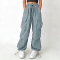 thumbnail image 2 of Hudaneo Girls Cargo Pants High Waisted Baggy Streetwear Pants with Pockets Wide Leg Streetwear Kids Pants, Light Blue 12-13 Years, 2 of 6