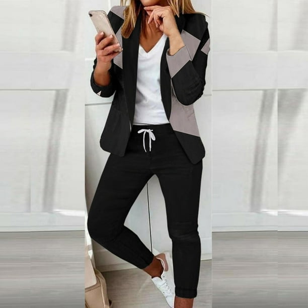 Yuwull Two Pieces Business Casual Outfits for Women Casual Light Weight  Thin Jacket Slim Coat Long Sleeve Blazer and Suit Pants Office Formal Sets  Gray 