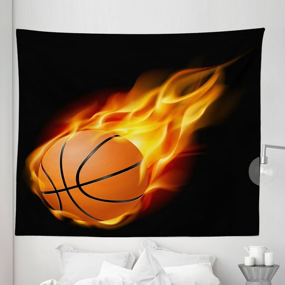Sports Tapestry, Basketball Lover Ball Speed Shoot Hoops Sporty Fun Art Print, Fabric Wall Hanging Decor for Bedroom Living Room Dorm, 5 Sizes, Orange Black, by Ambesonne