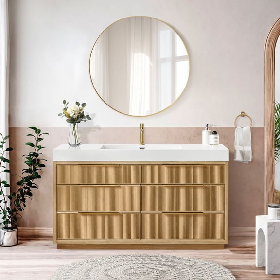 Hohhot 60"  Single Bath Vanity in Washed Ash Grey with White Stone Top