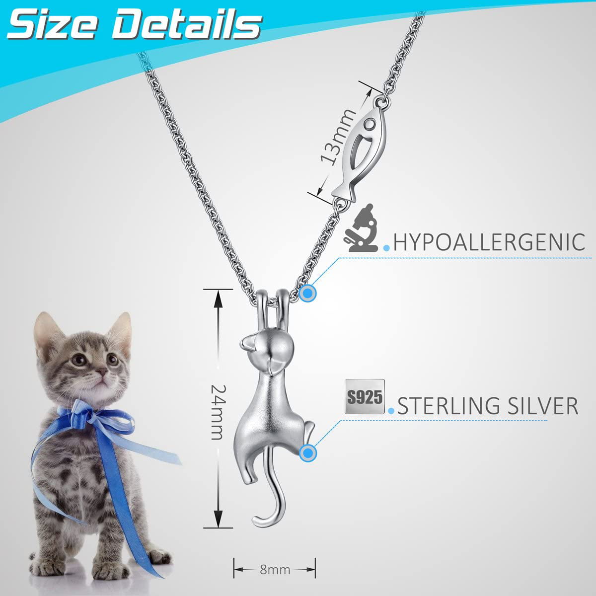 Unique 18K Gold Cute Cat Pendant for Women Solid 925 Sterling Silver Jewelry