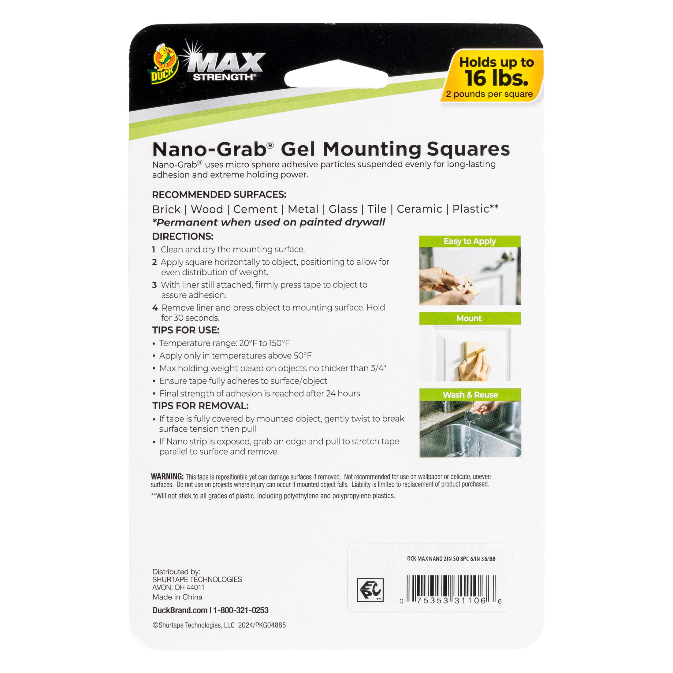 (2 pack) Duck Max Strength Nano-Grab Square Tabs - Clear, 8 pk, 2 in. x 2 in.