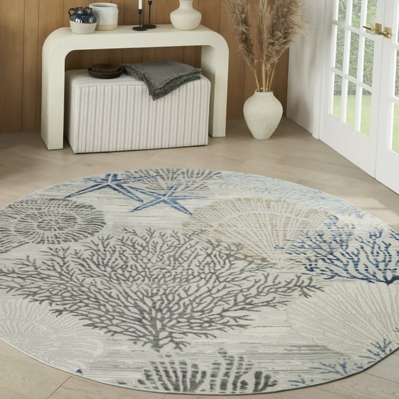 Nourison Pompeii Modern Ivory Grey Blue 5'3" x Round Area Rug  (5 Round)