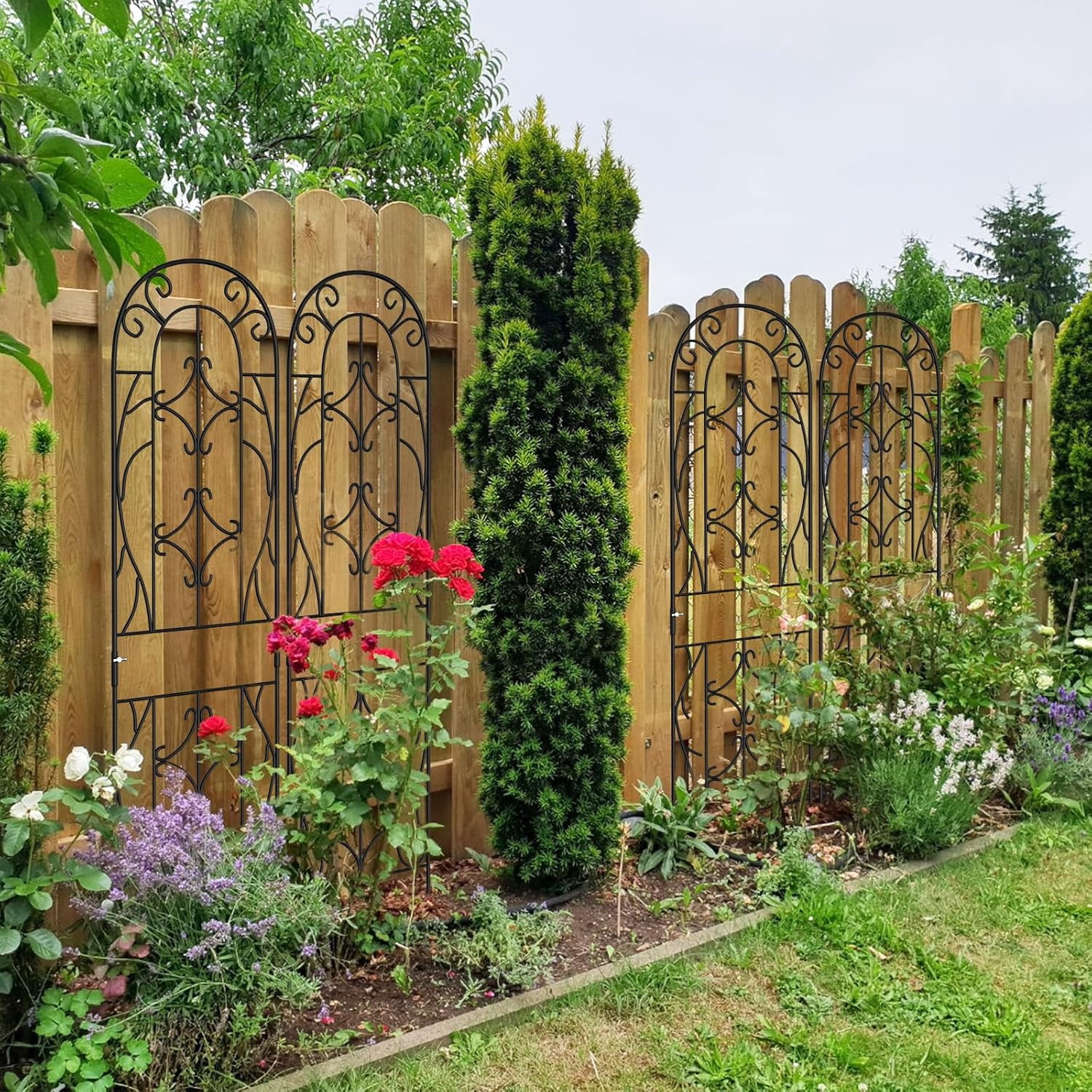 FICISOG 4 Pack 59x16in Metal Garden Trellis for Climbing Plants,Black Large Trellis for Climbing Plants Outdoor, Roses, Vegetables Vines Flowers Support, Large Decorative Outdoor Trellis