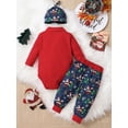 thumbnail image 3 of Qmyliery 3Pcs Baby Boy Christmas Outfit, Long Sleeve Snaps Romper + Santa Print Long Pants + Hat Set for Infants, 0-24 Months, 3 of 8