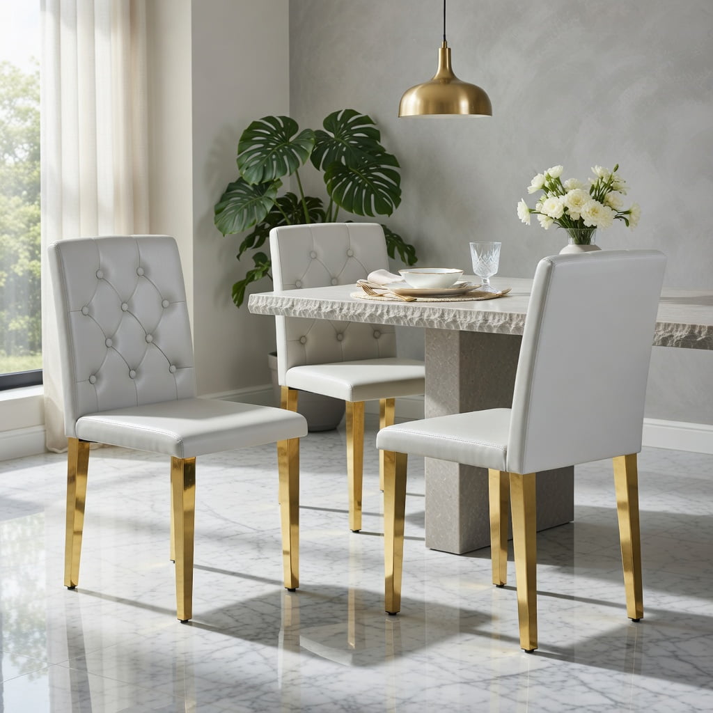 Hommoo 2-Pack PU Dining Chairs with Ergonomic Buckle Backrest & Metal Legs, 35" Height, Modern Luxury Design for Restaurants, Banquet Halls & Home Dining, Light Gray & Gold