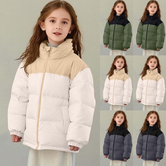 Kids Fall Winter Solid Stand Collar Quilted Bread Puffer Jacket, Unisex Boys Girls Thick Warm Casual Outerwear,Green