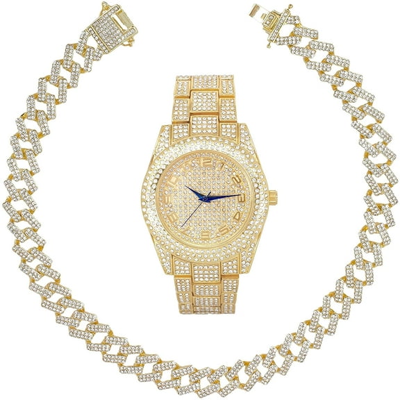 Charles Raymond Ice on Blast! Bling'ed Out Hip Hop Rolly Looks with Ice on Watch Trim and Band with Matching Zig Zag Bling'ed Out Necklace Sets - ZZ Necklace Sets - Gold