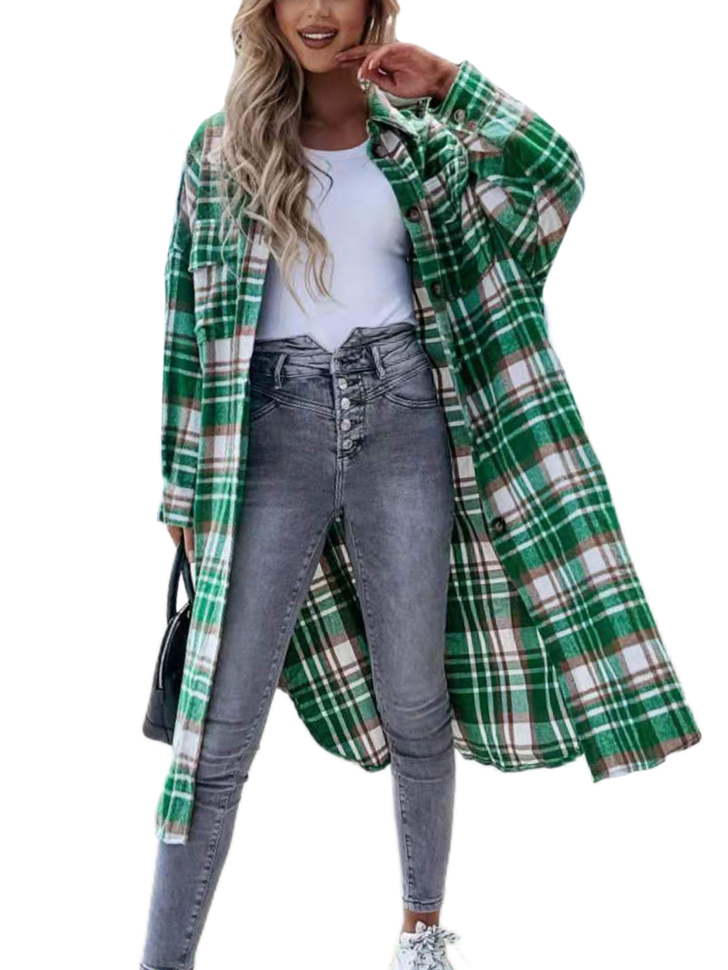 UKAP Women's Long Flannel Plaid Jacket Shacket Cozy Lapel Button Down