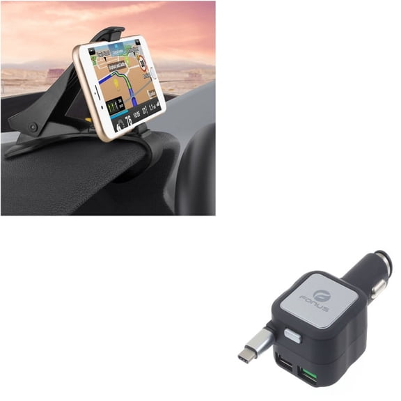 Retractable Car Charger w Dash Mount Holder M1P for Acer Liquid Jade Primo - Alcatel PulseMix, 7, Idol 5S 5 4S - ASUS Zenfone V Live, ROG Phone, AR 6 5z 4 Pro - Blackberry Motion, Key2, KEYone