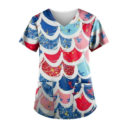 

TKing Fashion Womens Summer Plus Size Independence Day Short Sleeve V-Neck Printed Tops Scrub Nursing Working Uniform T-Shirt with Pocket Light Blue XL
