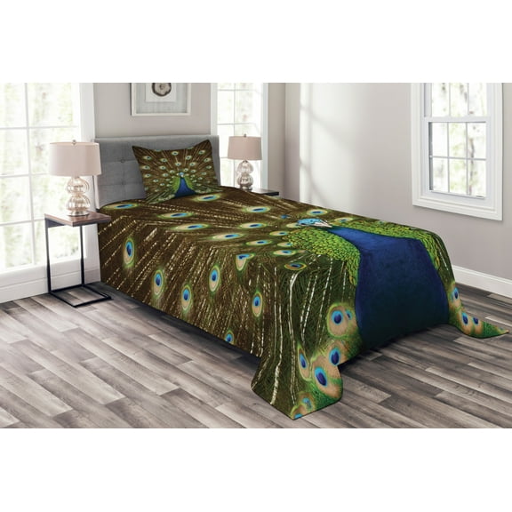 Ambesonne Colorful Quilted Bedspread Set 2 Pcs, Peacock with Feathers, Twin Size, Navy Blue Green Brown