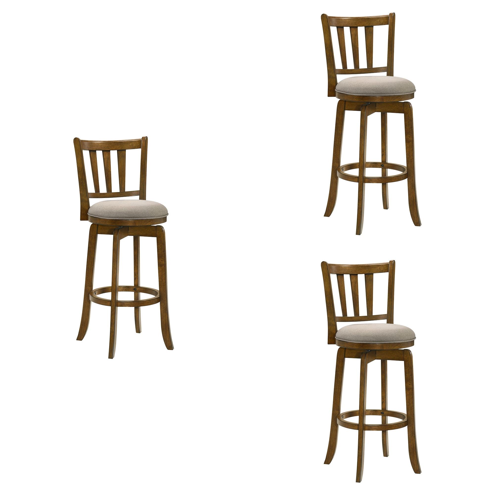 Wren Modern Farmhouse Swivel Wood Bar Height Kitchen Bar Stool in Sepia Brown Finish with Static Gray Fabric Upholstered Seat - Set of 3