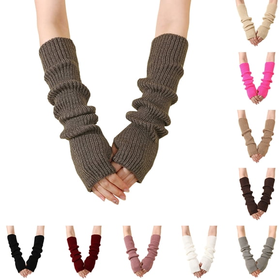 LIspipm Knit Fingerless Long Gloves for Women Casual Thumbhole Stretchy Arm Warm Wrist Mittens Fall Winter Sleeves Beige