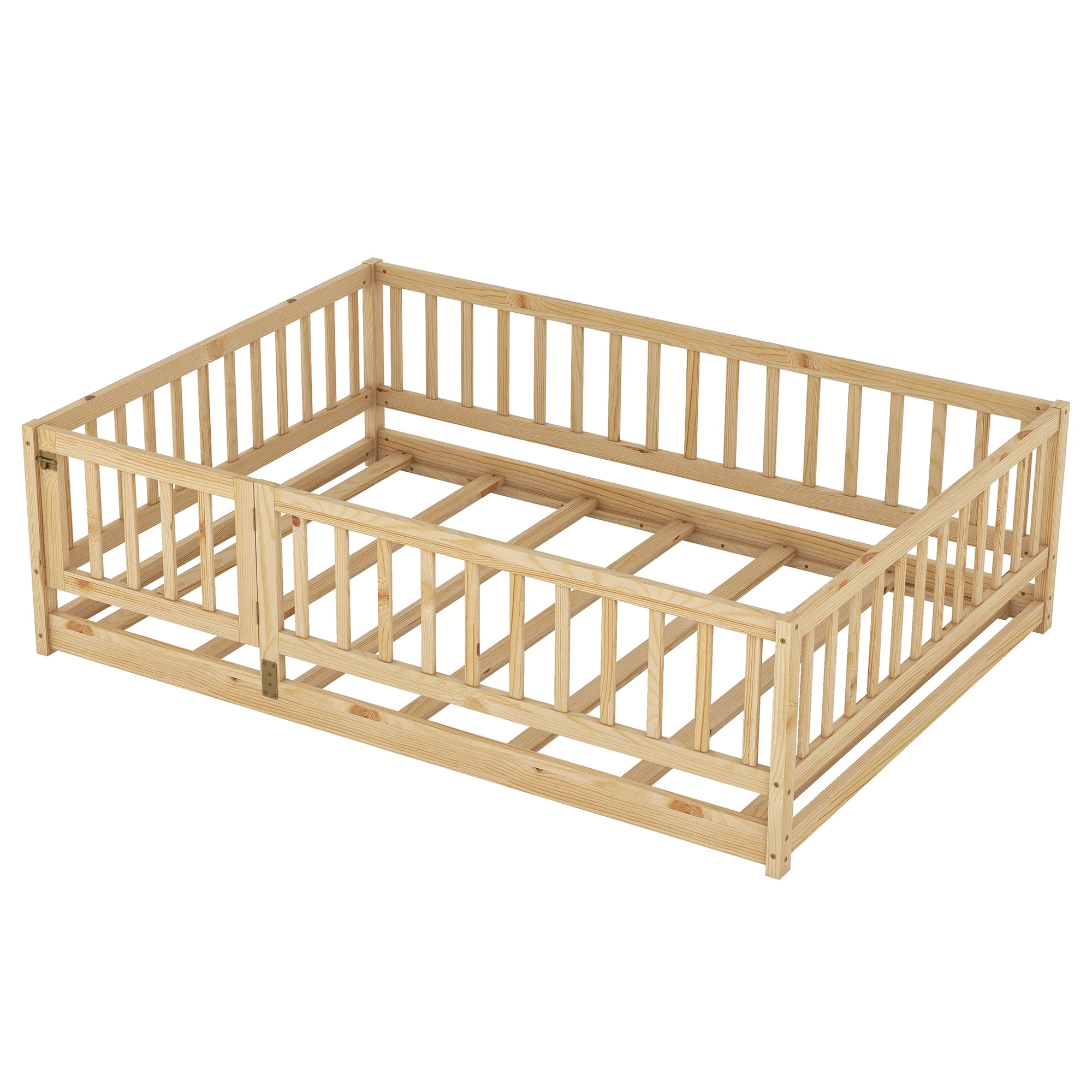 Full Size Montessori Floor Bed with Fence and Door, Solid Wood Kids Bed and Toddler Playhouse Bed with Slats, Oak