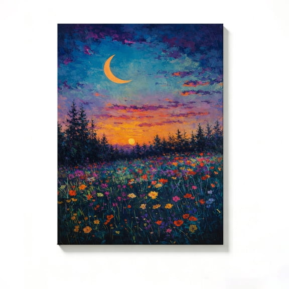 FLASHLUMI 8x12 Inch Sunset Wildflower Meadow with Crescent Moon Oil Painting Canvas Wall Art, Vibrant Nature Decor for Living Room Bedroom, No Frame