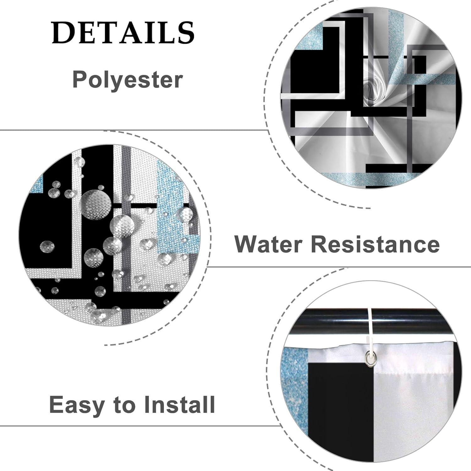 Modern Geometric Shower Curtain Sets Black White Blue Shower Curtain for Bathroom Geometry Squares Abstract Minimalism Bath Curtain Waterproof Durable Shower Curtain with Hooks 72x72 Inches