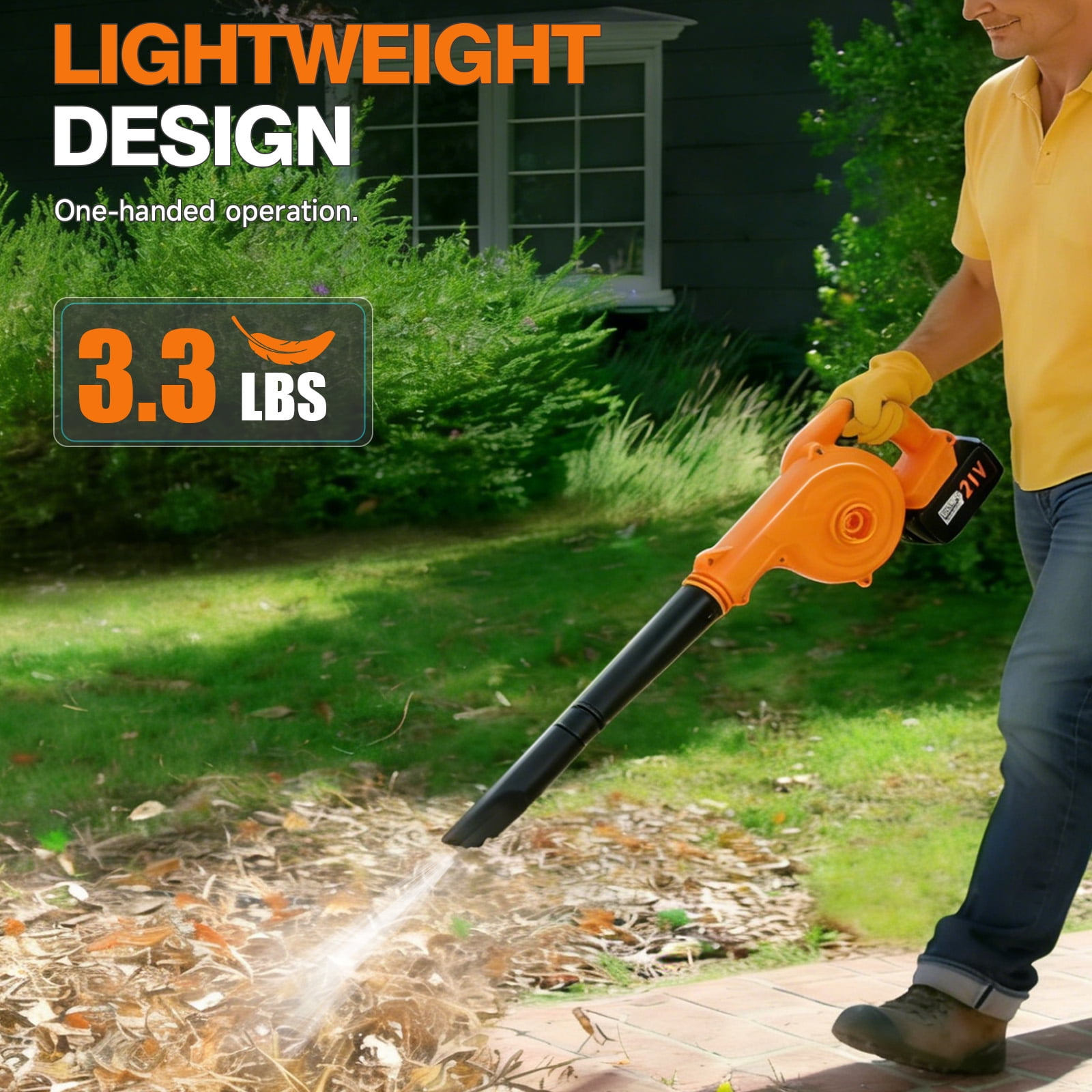 21V Cordless 2-in-1 Leaf Blower & Vacuum, 0-19000RPM Variable Speed Lightweight Blower for Yard Leaves, Indoor Dust & Camping Inflation, Yellow