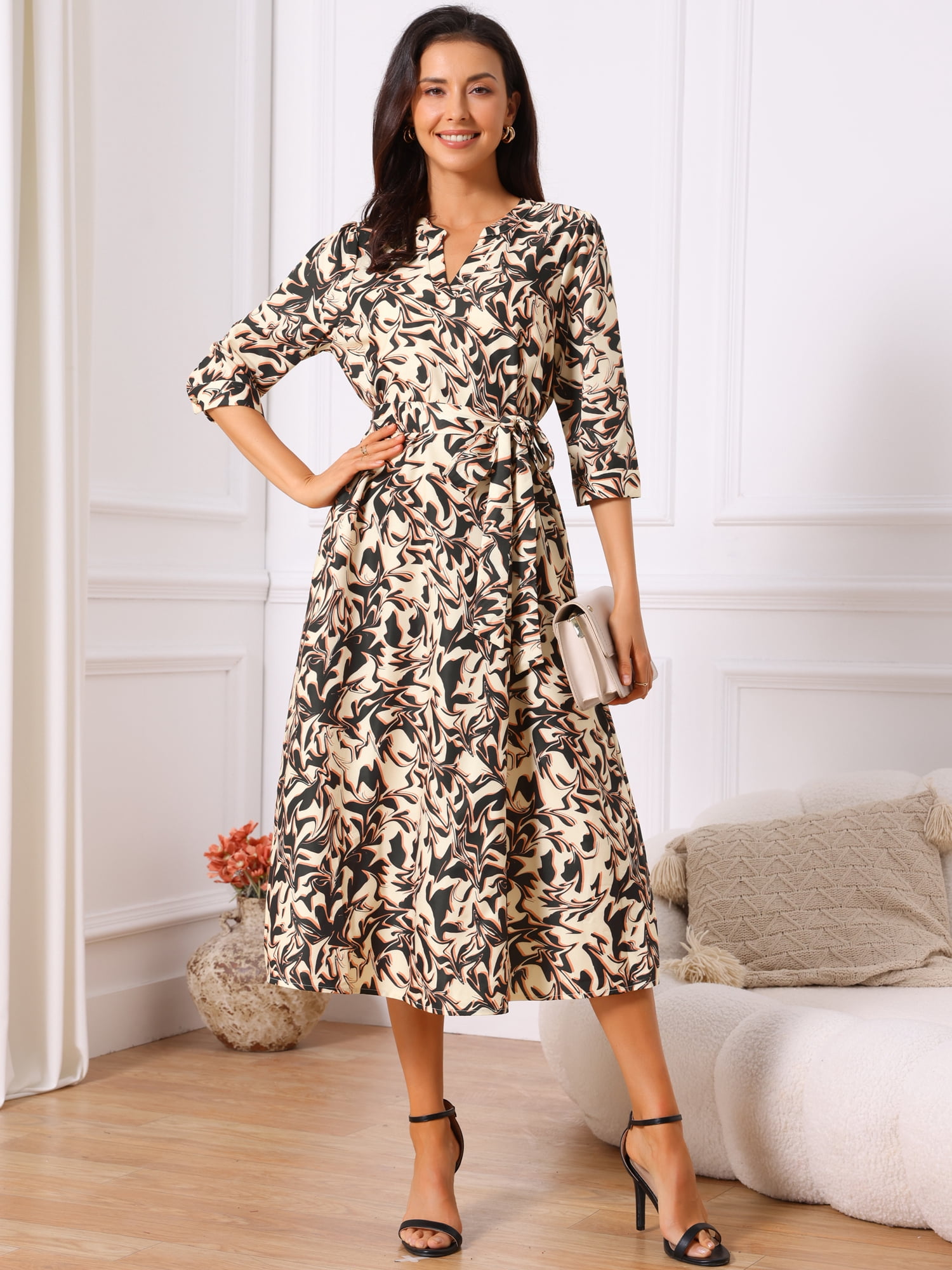 DARING DIVA Women's 3/4 Sleeve Tie Waist Midi Floral Printed Dress S Black Apricot