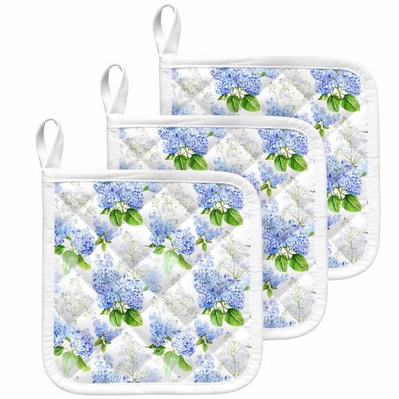 Summer Hydrangeas Pot Holders for Kitchen Heatproof Potholder, 3 Pack White Blue Flowers Pastoral Leaves Hot Pads Multipurpose Oven Pads Cloth Potholders Trivet for Cooking Baking