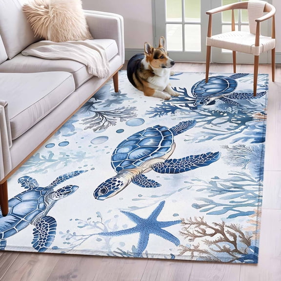 2.7'x5' Area Rugs, Summer Beach Coastal Indoor Outdoor Area Rug for Living Room Bedroom, Sea Turtle Coral Nautical Washable Bathroom Rugs Kitchen Floor Carpet Mats Home Decor Aesthetic