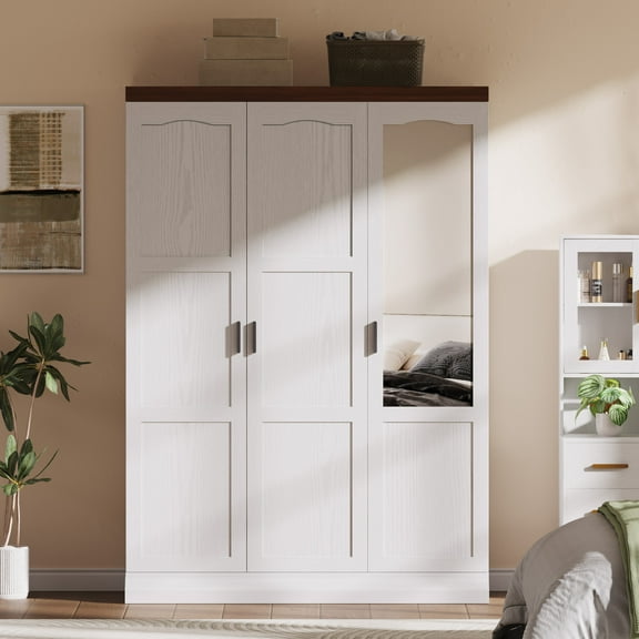 ANCTOR 3 Door Wardrobe Closet with Mirror, White Free Standing Closet with Doors and Shelves for Bedroom