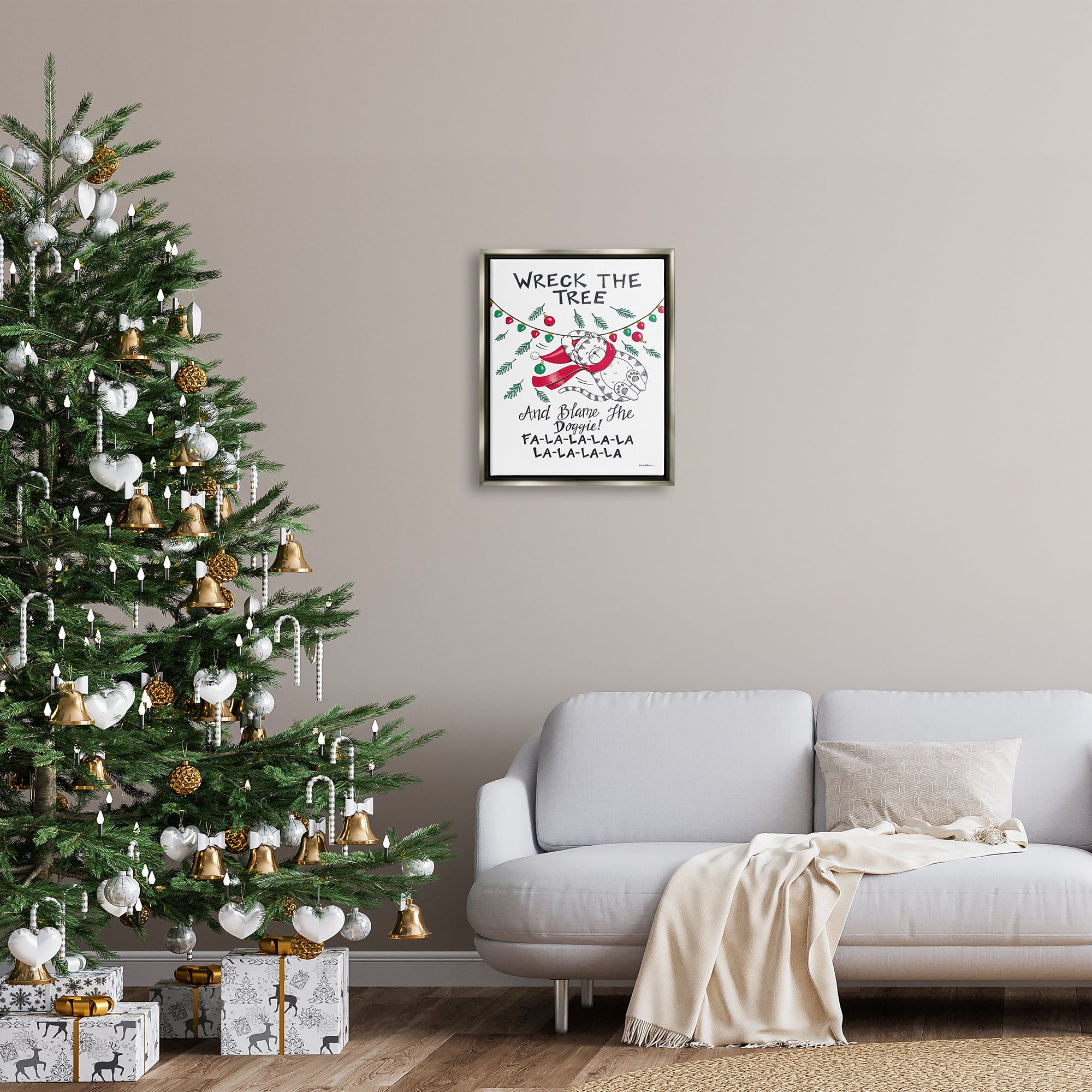Stupell Industries Funny Pet Christmas Song Holiday Painting Gray Floater Framed Art Print Wall Art, 17 x 21