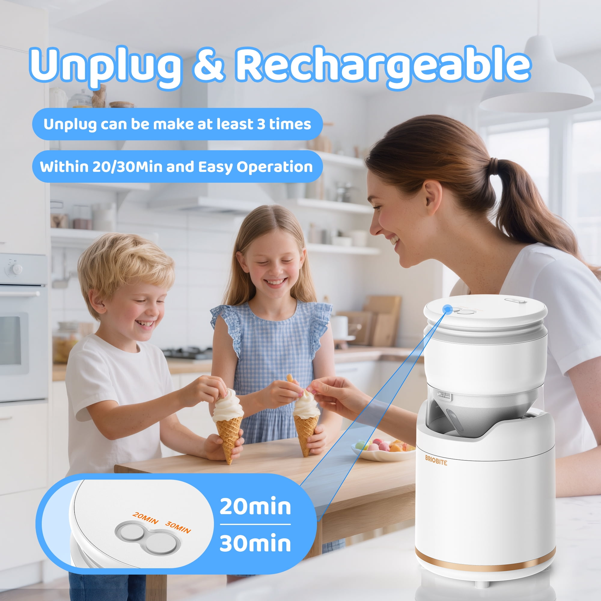 Briobite 0.5 Qt Rechargeable White Mini Soft Serve Ice Cream Maker
