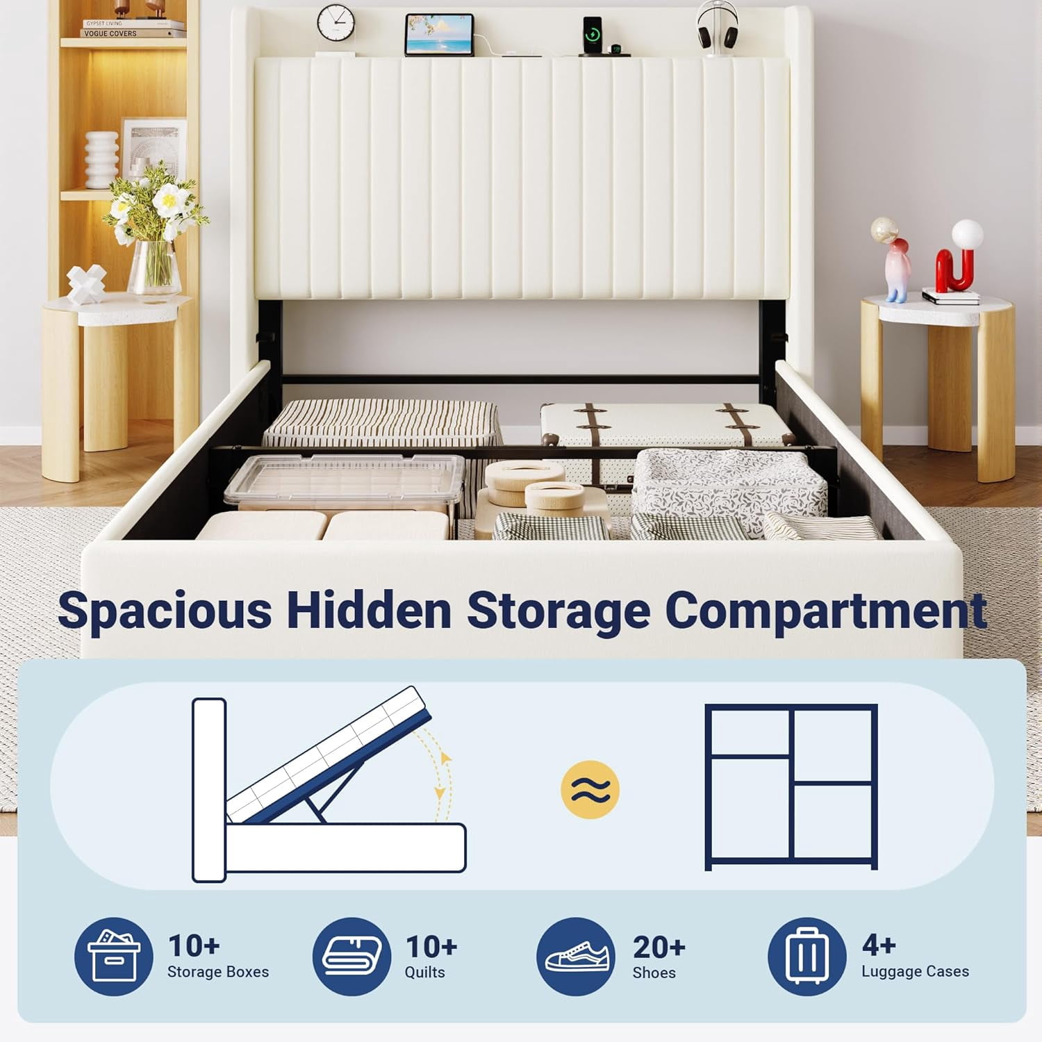 Allewie Full Size Lift Up Storage Bed Frame, Storage Shelf Headboard with Charging Station, Type-C and USB Ports, Hydraulic Support, Velvet Upholstered Bed Frame, No Box Spring Needed, Cream White