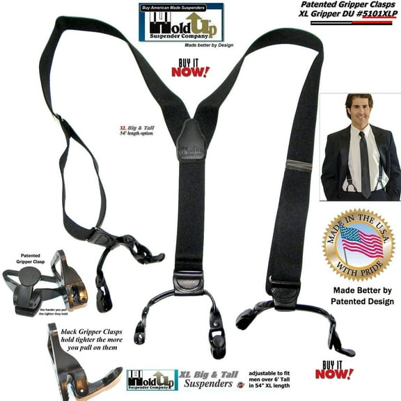 Hold-Up Suspender Company Jacquard Series JS Black Suspenders for Men in the Double-Up style with the USA patented No-Slip clips