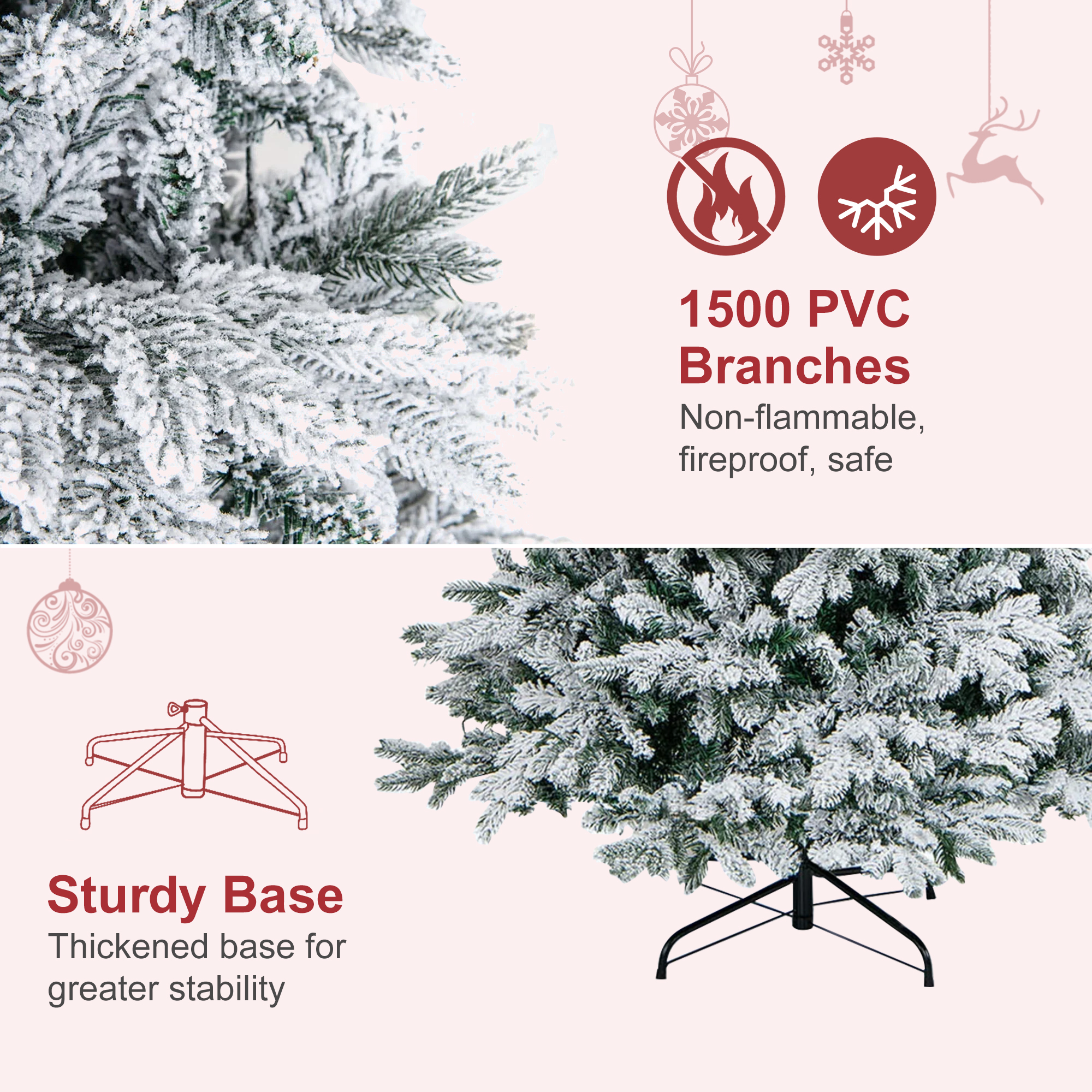 Firstness 7.5ft Pre-Lit Artificial Christmas Tree with 600 LED Lights,Snow Flocked Xmas Tree