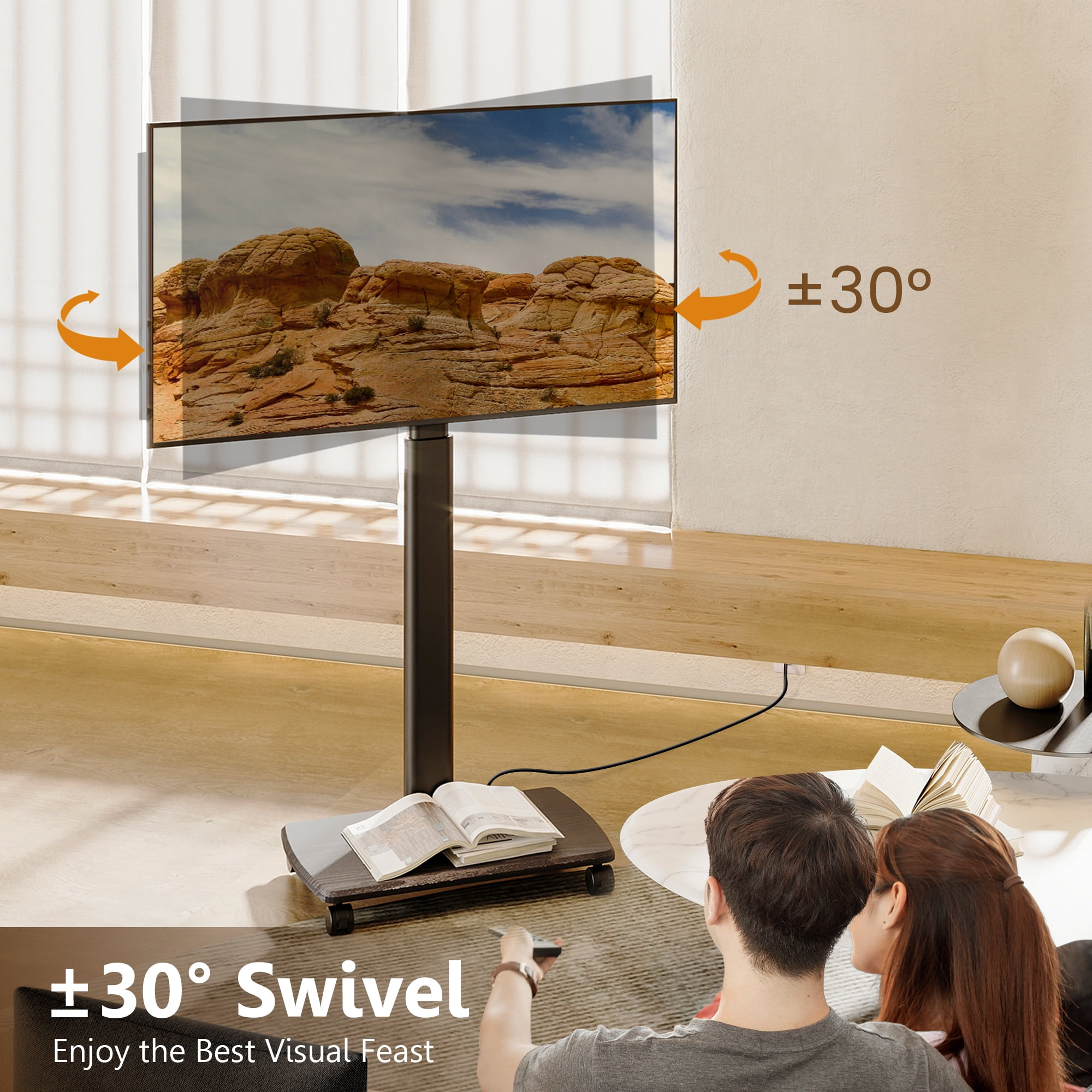 FITUEYES Modern Rolling TV Stand with Wheels and Power Outlets for 32-65 inch Screens, Black