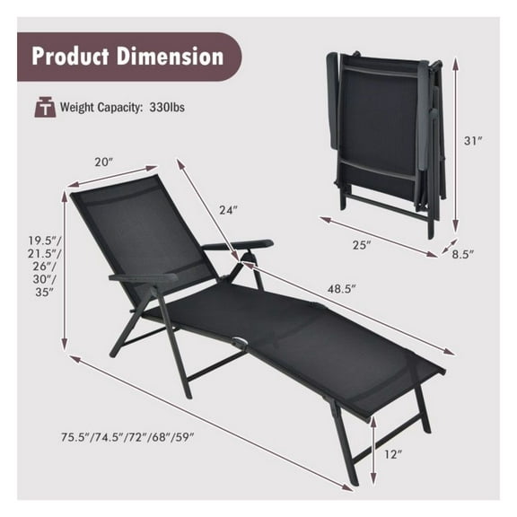 Foldable Chaise Lounge Chair - Patio Recliner with Adjustable Backrest & Footrest - Outdoor Lounger for Garden, Poolside, Beach - 330lbs Capacity