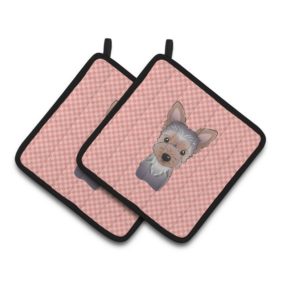 Carolines Treasures BB1232PTHD Checkerboard Pink Yorkie Puppy Pair of Pot Holders , 7.5HX7.5W, multicolor