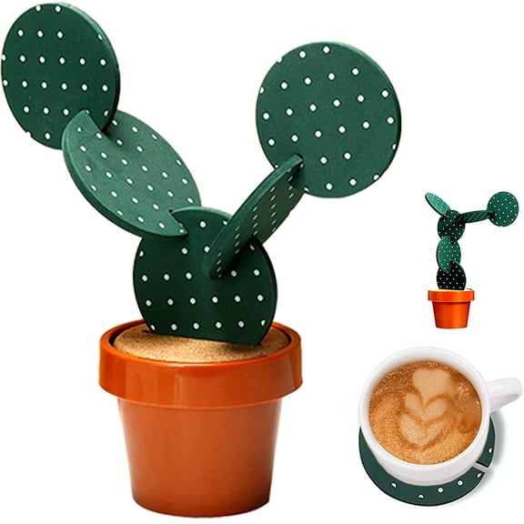 Cactus Coasters Set for Drinks of 6 Pieces,Funny Coasters Cactus Gift with Flowerpot Holder for Home Office Bar Decor