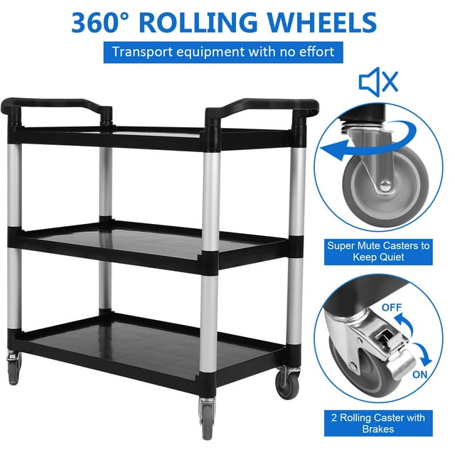 EDTara Utility Cart, Heavy Duty 3-Tier Design With 360 Lbs Capacity, Dual Handles, Locking Wheels, Rolling Service Trolley for Office, Restaurant, Hotel, Kitchen or Warehouse Storage